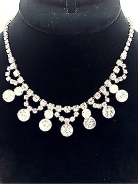 Vintage Silver Tone Rhinestone Fringe Drop Choker Necklace